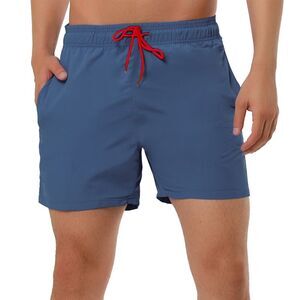 Summer Beach Solid Color Mesh Lining Drawstring Waist Swim Shorts Dark Blue